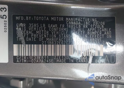 2007 Toyota Corolla Le из США, поврежденный, VIN 2T1BR32E67C728656